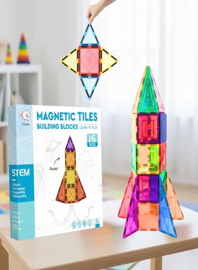 Storio Magnetic Tiles Building Blocks for Kids 3 4 5 6 7 8 Years,Educational Learning Toys for 2 3 4 5 Year,Magnetic Toys for Kids,Learning Educational Brain Toys - 16 Pcs - Image 1
